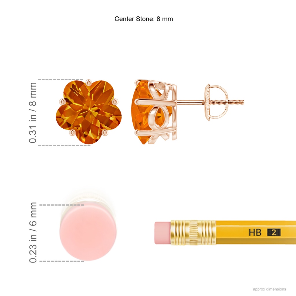 8mm AAAA Classic Five-Petal Flower Citrine Stud Earrings in 9K Rose Gold Ruler