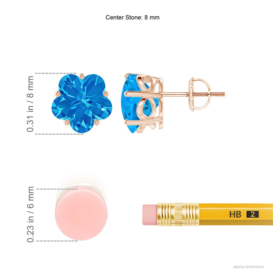 8mm AAAA Classic Five-Petal Flower Swiss Blue Topaz Stud Earrings in Rose Gold ruler