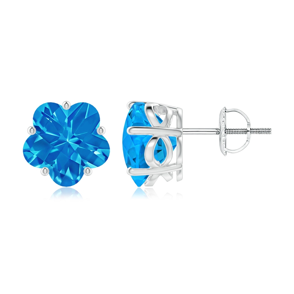 8mm AAAA Classic Five-Petal Flower Swiss Blue Topaz Stud Earrings in White Gold 