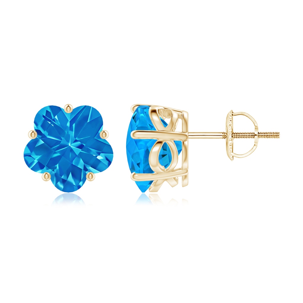 8mm AAAA Classic Five-Petal Flower Swiss Blue Topaz Stud Earrings in Yellow Gold