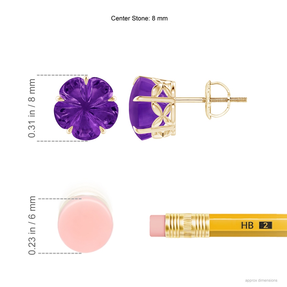 8mm AAAA Five-Petal Flower Amethyst Solitaire Studs in Yellow Gold ruler