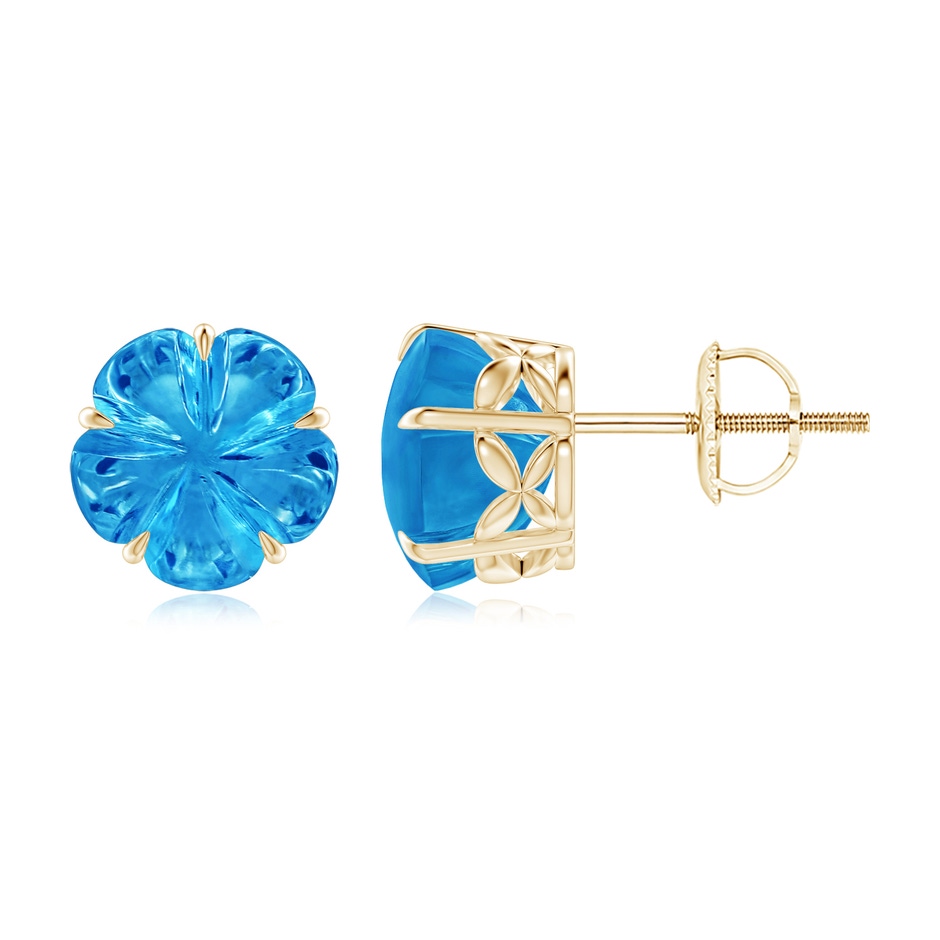 8mm AAAA Five-Petal Flower Swiss Blue Topaz Solitaire Studs in Yellow Gold 