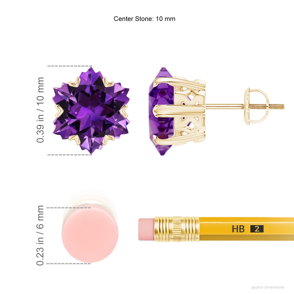 10mm AAAA V-Prong-Set Snowflake-Cut Amethyst Stud Earrings in Yellow Gold ruler