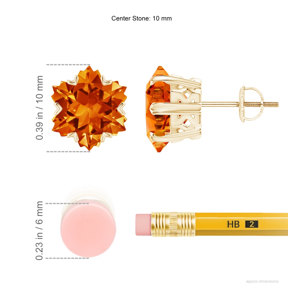 10mm AAAA V-Prong-Set Snowflake-Cut Citrine Stud Earrings in Yellow Gold ruler