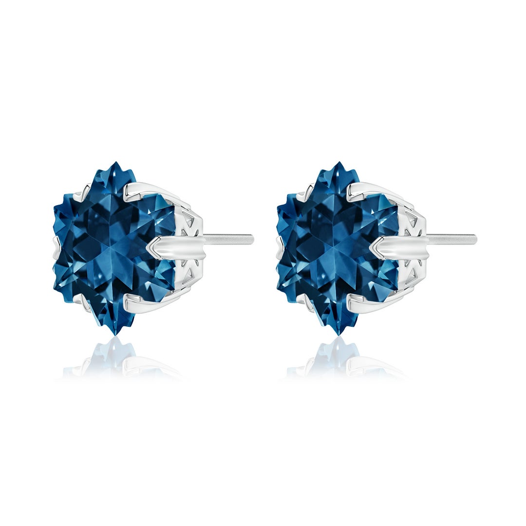 10mm AAAA V-Prong-Set Snowflake-Cut London Blue Topaz Stud Earrings in White Gold - side 2