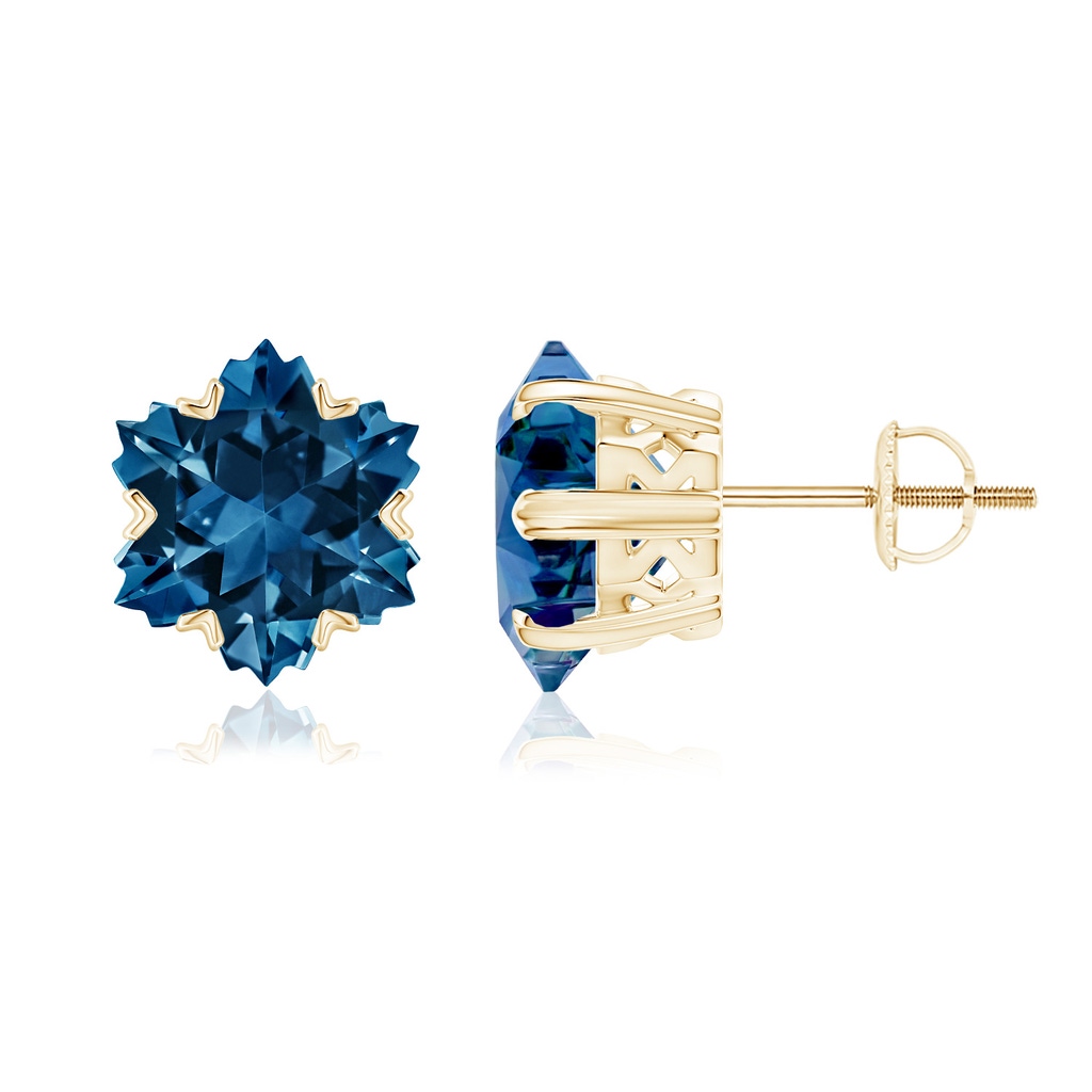 10mm AAAA V-Prong-Set Snowflake-Cut London Blue Topaz Stud Earrings in Yellow Gold