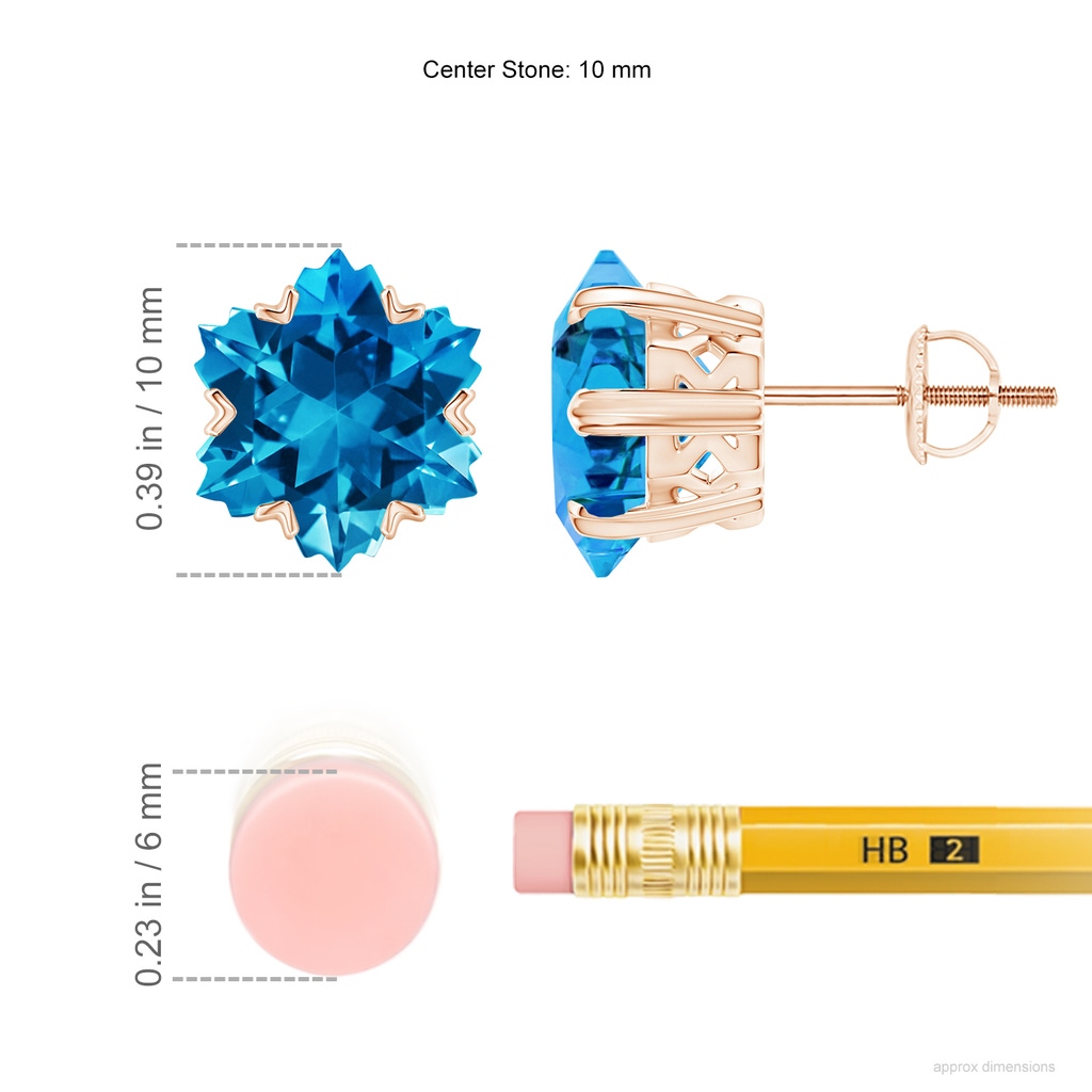 10mm AAAA V-Prong-Set Snowflake-Cut Swiss Blue Topaz Stud Earrings in Rose Gold Ruler