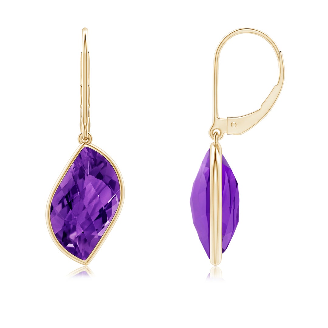 15x9mm AAAA Bezel-Set Leaf-Shaped Amethyst Dangle Earrings in Yellow Gold - side 2