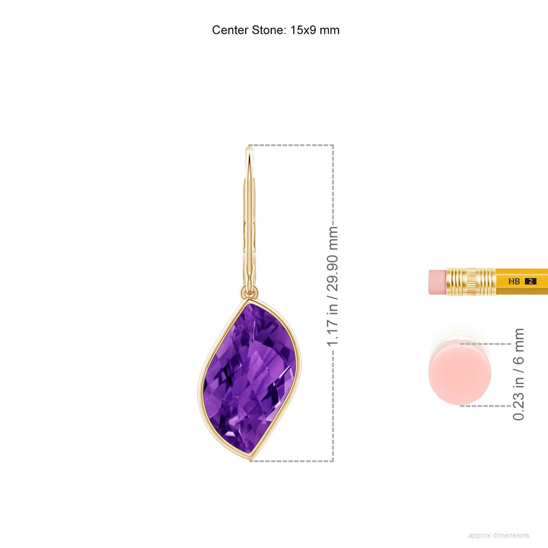 15x9mm AAAA Bezel-Set Leaf-Shaped Amethyst Dangle Earrings in Yellow Gold - ruler