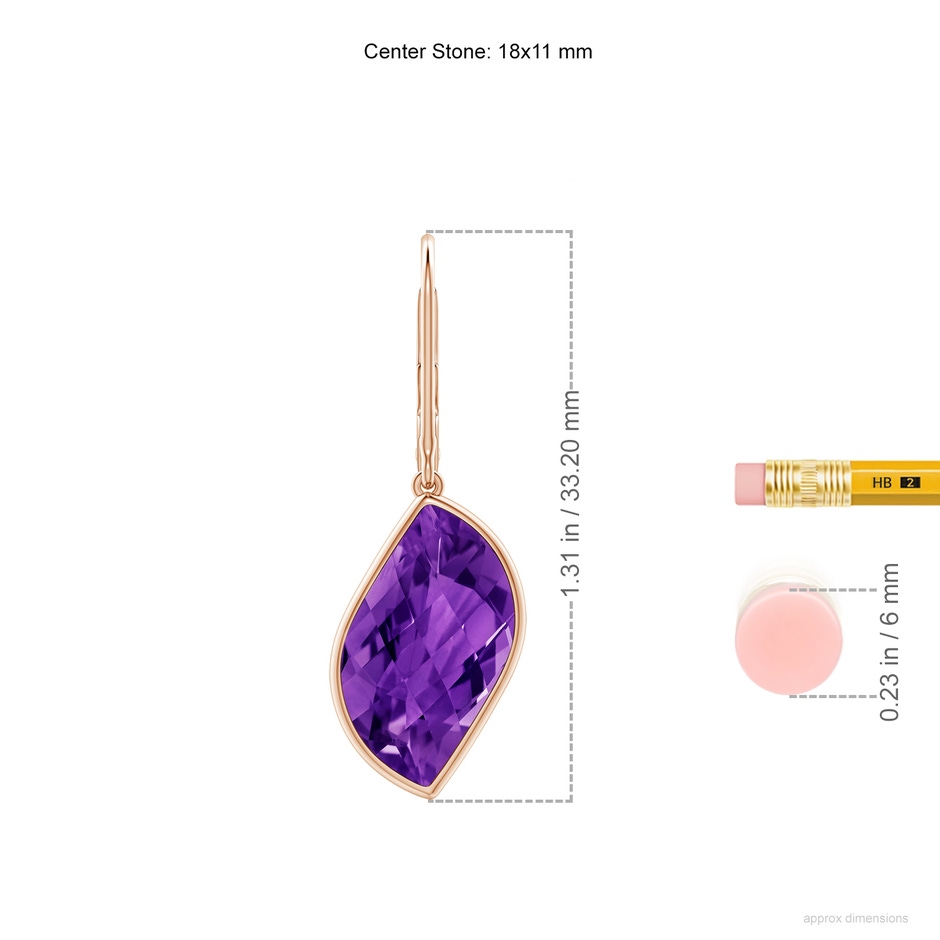 18x11mm AAAA Bezel-Set Leaf-Shaped Amethyst Dangle Earrings in Rose Gold ruler
