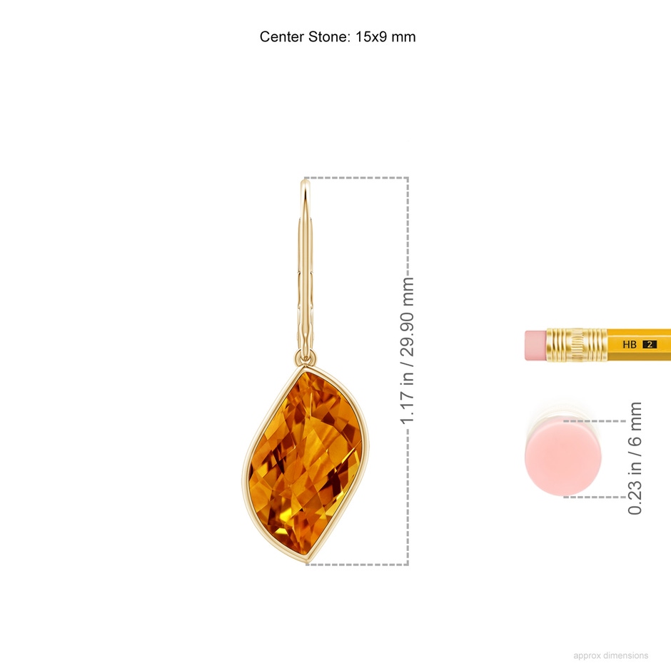 15x9mm AAAA Bezel-Set Leaf-Shaped Citrine Dangle Earrings in Yellow Gold ruler