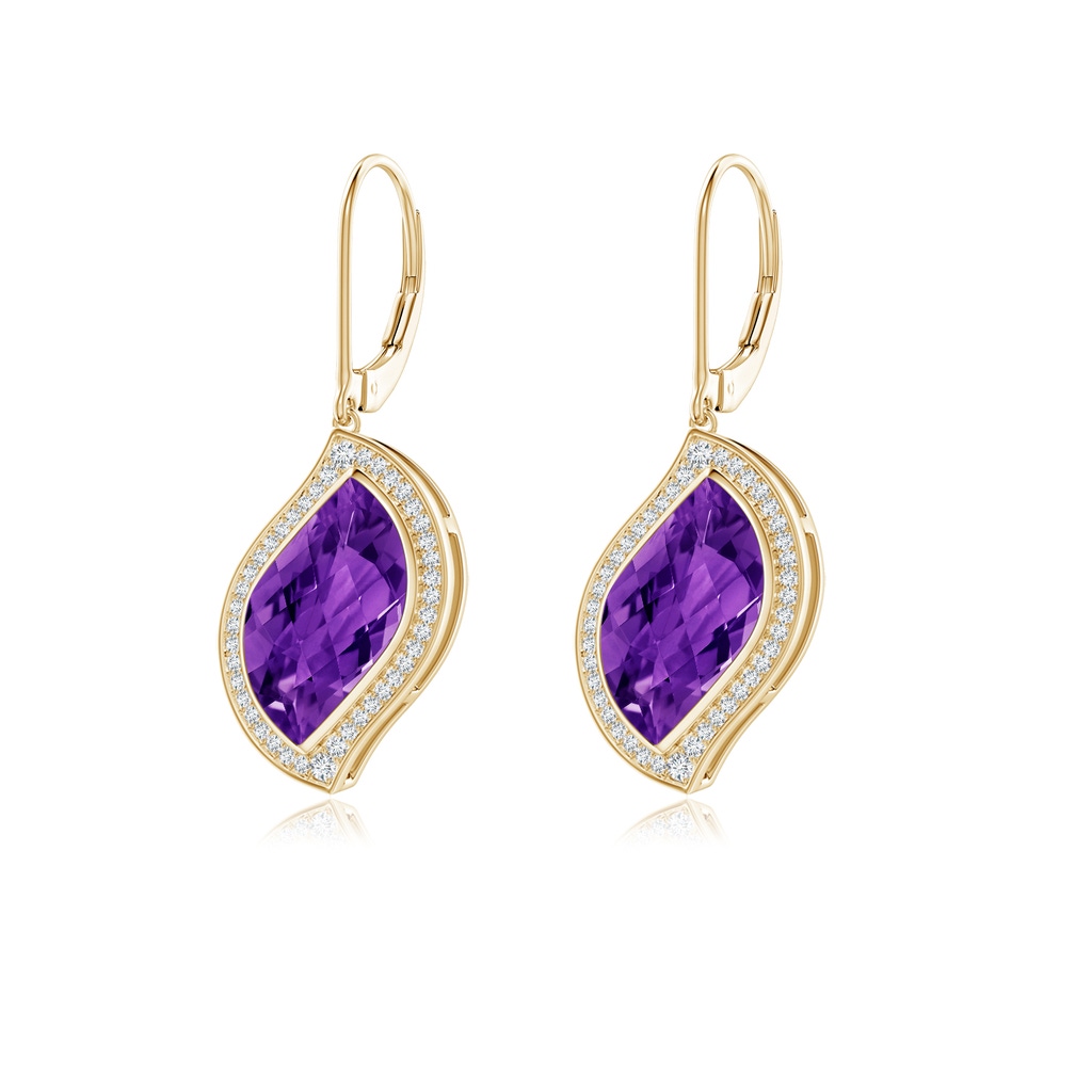 15x9mm AAAA Bezel-Set Leaf-Shaped Amethyst Halo Dangle Earrings in Yellow Gold