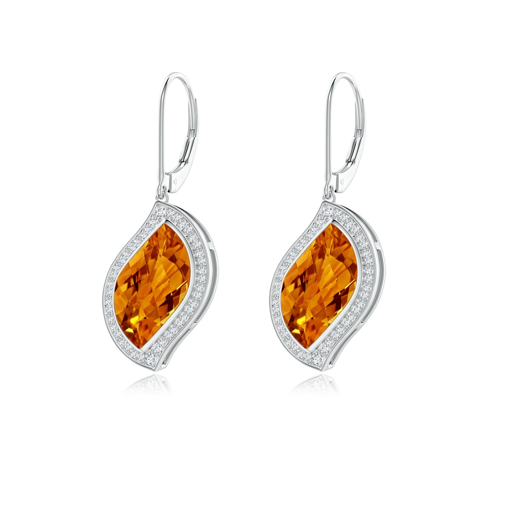 15x9mm AAAA Bezel-Set Leaf-Shaped Citrine Halo Dangle Earrings in White Gold