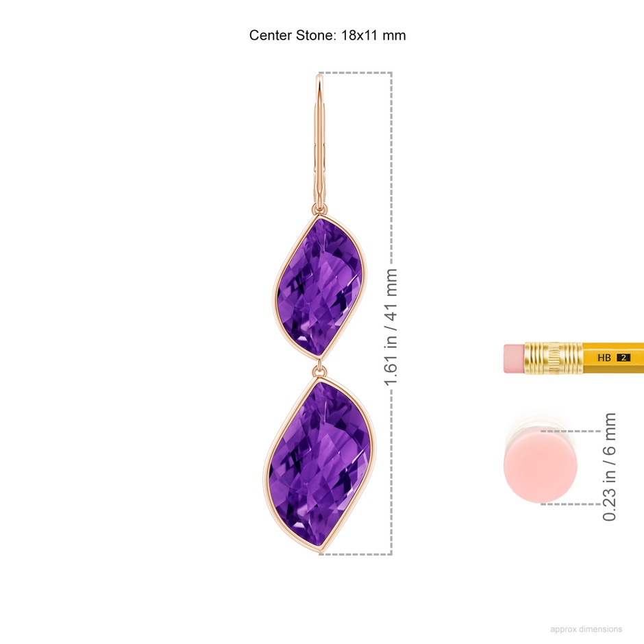 18x11mm AAAA Bezel-Set Leaf-Shaped Amethyst Double Drop Earrings in Rose Gold ruler