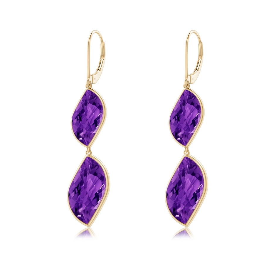 18x11mm AAAA Bezel-Set Leaf-Shaped Amethyst Double Drop Earrings in Yellow Gold 