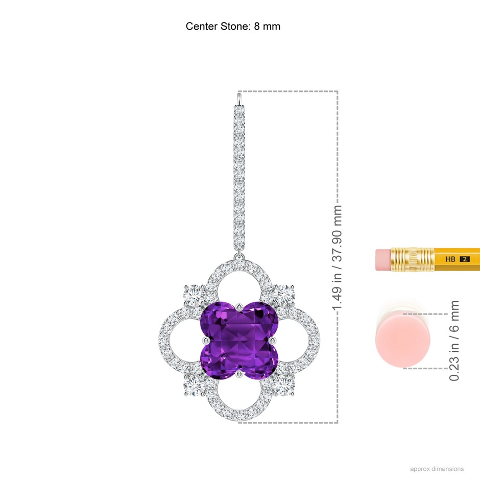 8mm AAAA Clover-Shaped Amethyst Diamond Frame Drop Earrings in White Gold ruler