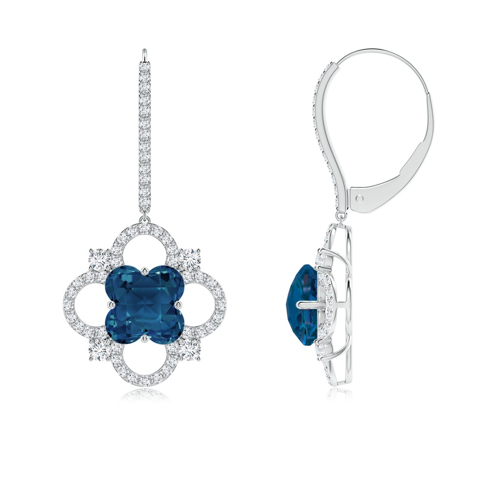 7mm AAAA Clover-Shaped London Blue Topaz Diamond Frame Drop Earrings in White Gold