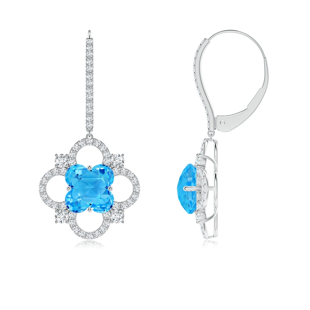 7mm AAAA Clover-Shaped Swiss Blue Topaz Diamond Frame Drop Earrings in White Gold