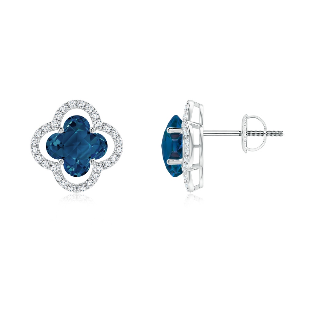 7mm AAAA Clover-Shaped London Blue Topaz Floating Halo Studs in White Gold