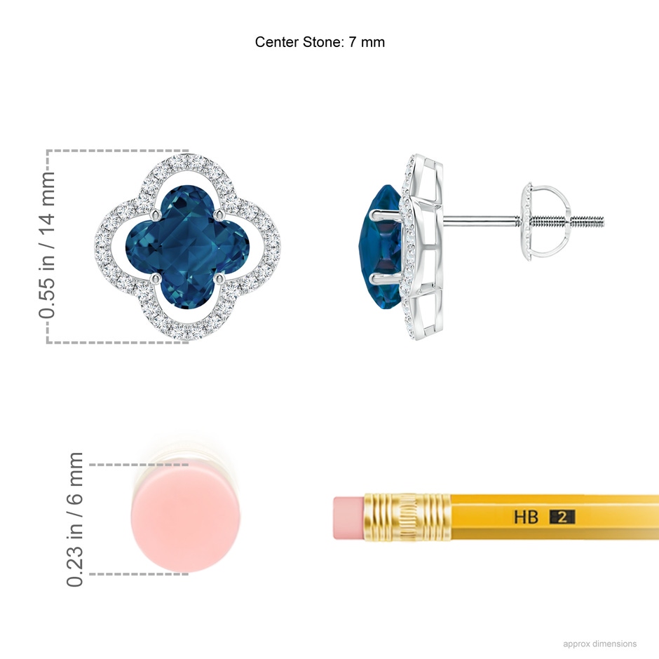 7mm AAAA Clover-Shaped London Blue Topaz Floating Halo Studs in White Gold ruler