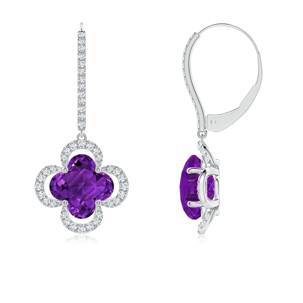 7mm AAAA Clover-Shaped Amethyst Halo Leverback Drop Earrings in White Gold