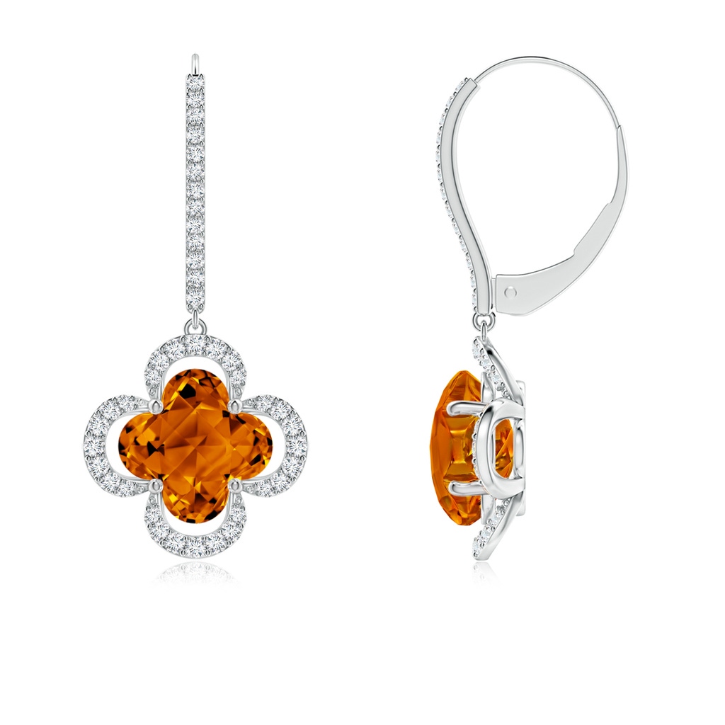 7mm AAAA Clover-Shaped Citrine Halo Leverback Drop Earrings in White Gold