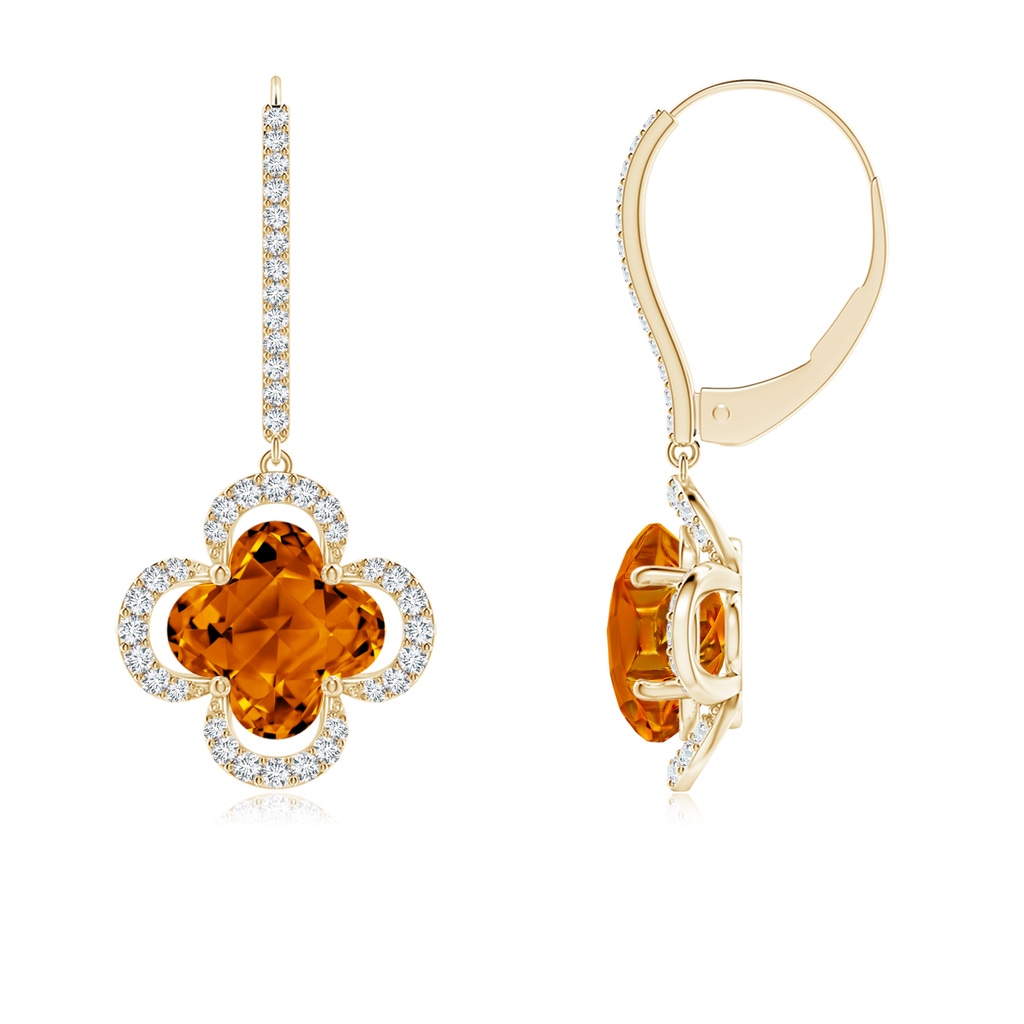 7mm AAAA Clover-Shaped Citrine Halo Leverback Drop Earrings in Yellow Gold