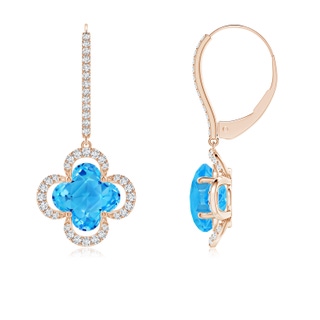 7mm AAAA Clover-Shaped Swiss Blue Topaz Halo Leverback Drop Earrings in 9K Rose Gold