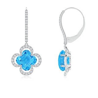 7mm AAAA Clover-Shaped Swiss Blue Topaz Halo Leverback Drop Earrings in White Gold