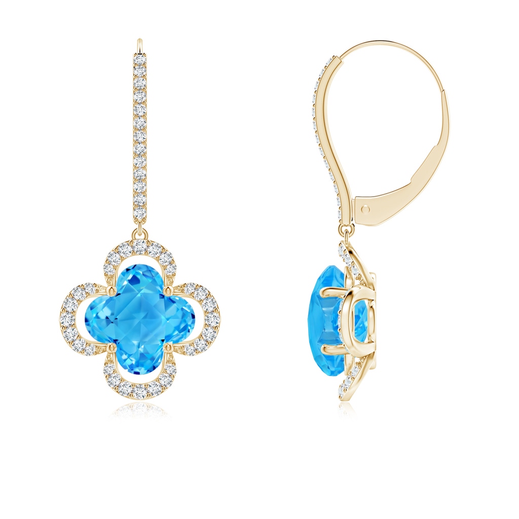 7mm AAAA Clover-Shaped Swiss Blue Topaz Halo Leverback Drop Earrings in Yellow Gold