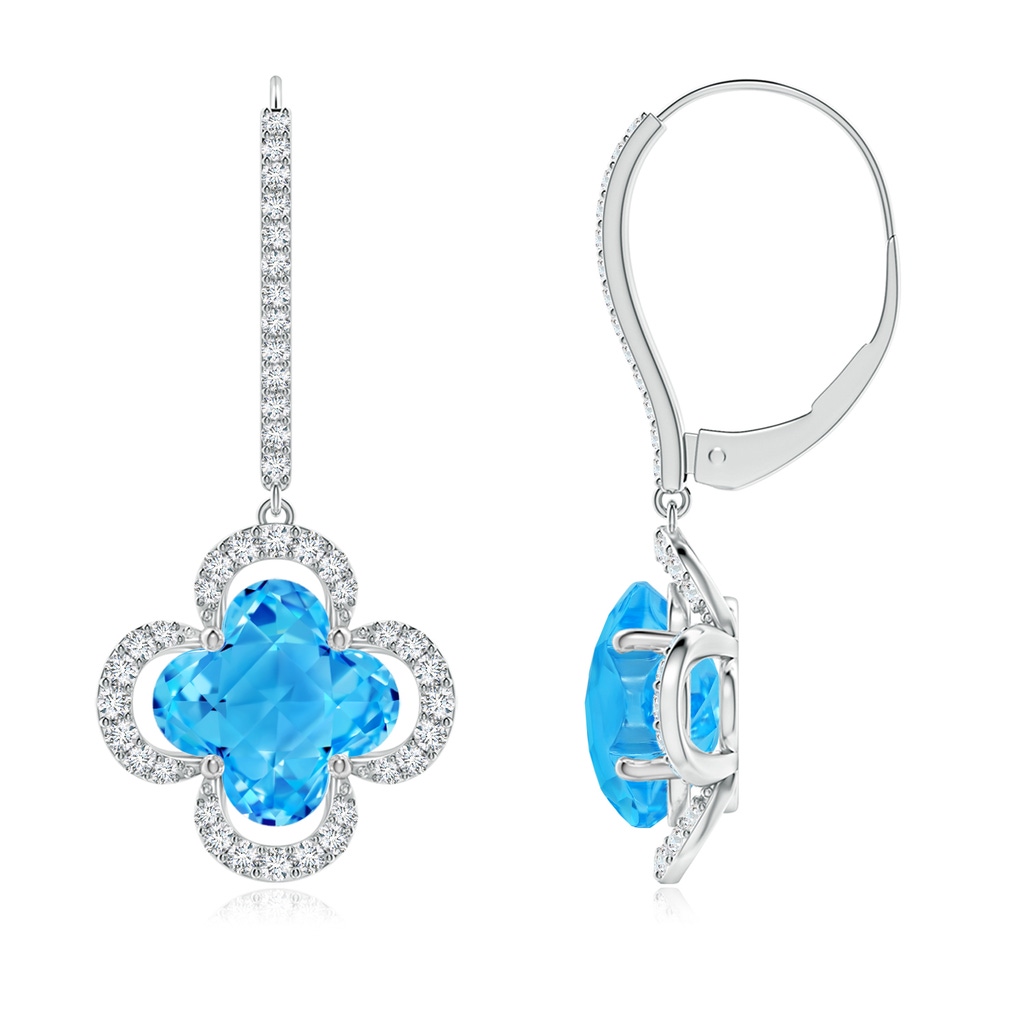 8mm AAAA Clover-Shaped Swiss Blue Topaz Halo Leverback Drop Earrings in White Gold