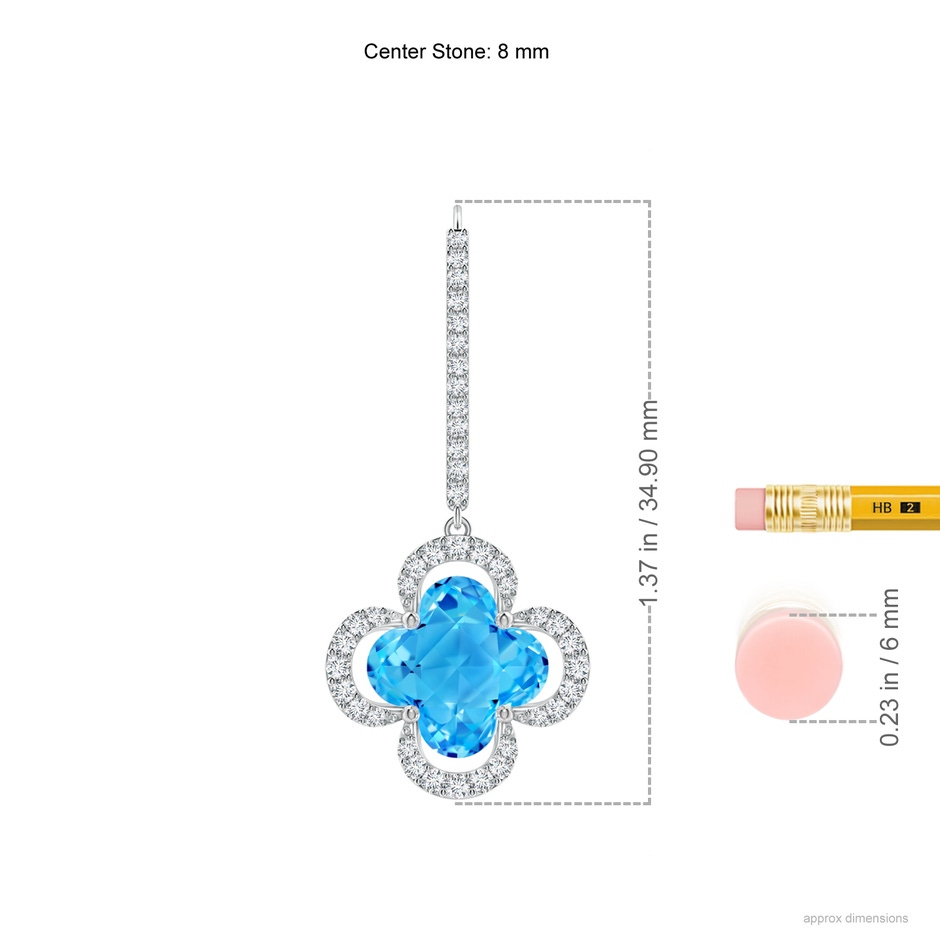 8mm AAAA Clover-Shaped Swiss Blue Topaz Halo Leverback Drop Earrings in White Gold ruler