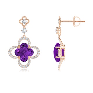 7mm AAAA Clover-Shaped Amethyst Dangle Earrings with Milgrain in Rose Gold