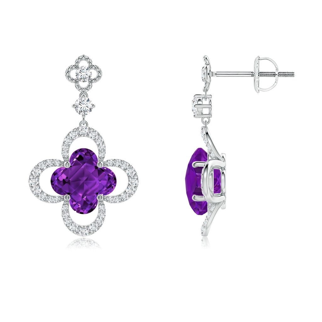 7mm AAAA Clover-Shaped Amethyst Dangle Earrings with Milgrain in White Gold