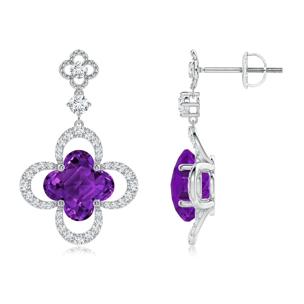 8mm AAAA Clover-Shaped Amethyst Dangle Earrings with Milgrain in White Gold