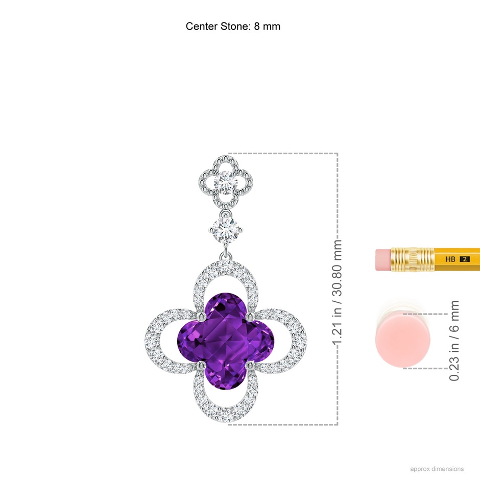 8mm AAAA Clover-Shaped Amethyst Dangle Earrings with Milgrain in White Gold ruler