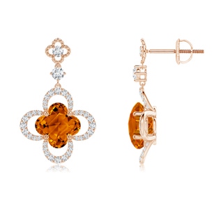 7mm AAAA Clover-Shaped Citrine Dangle Earrings with Milgrain in Rose Gold