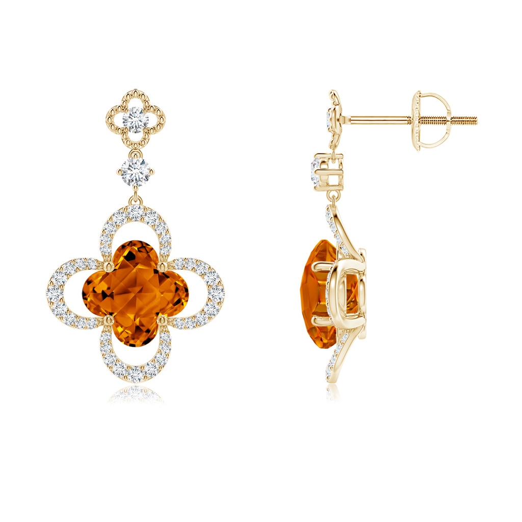 7mm AAAA Clover-Shaped Citrine Dangle Earrings with Milgrain in Yellow Gold