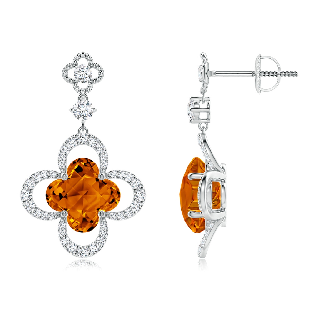8mm AAAA Clover-Shaped Citrine Dangle Earrings with Milgrain in White Gold