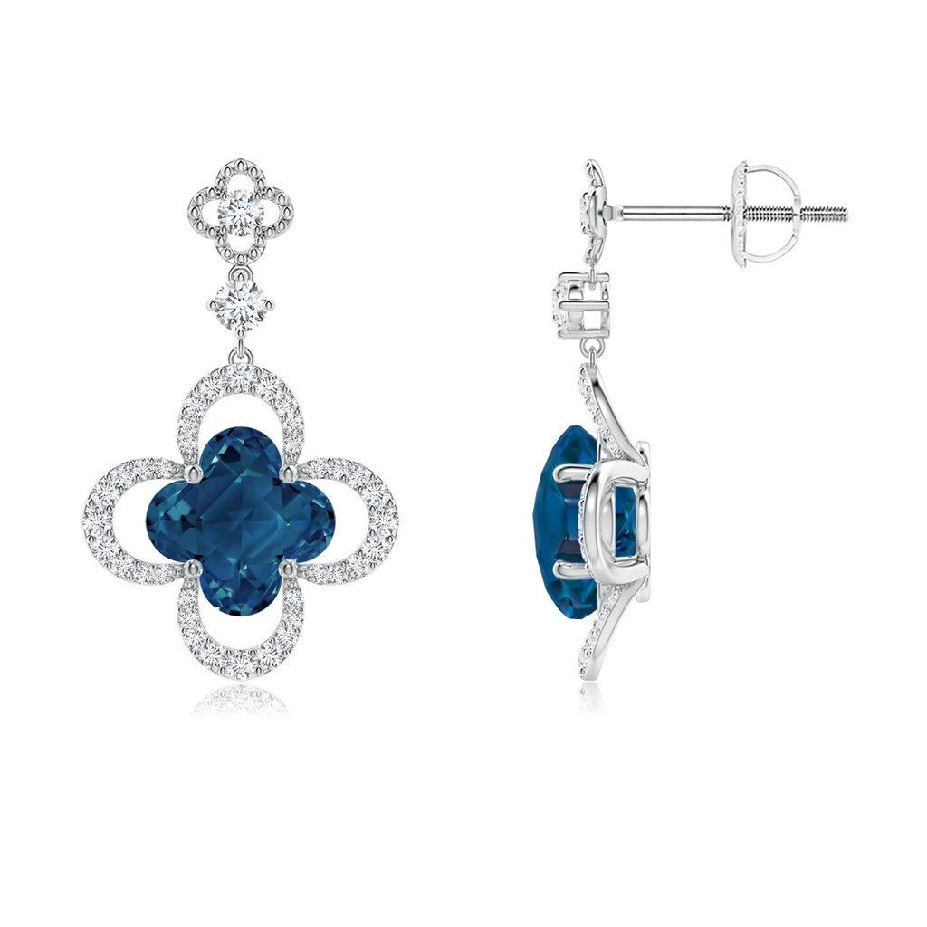 7mm AAAA Clover-Shaped London Blue Topaz Dangle Earrings with Milgrain in White Gold