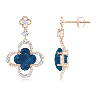 8mm AAAA Clover-Shaped London Blue Topaz Dangle Earrings with Milgrain in Rose Gold