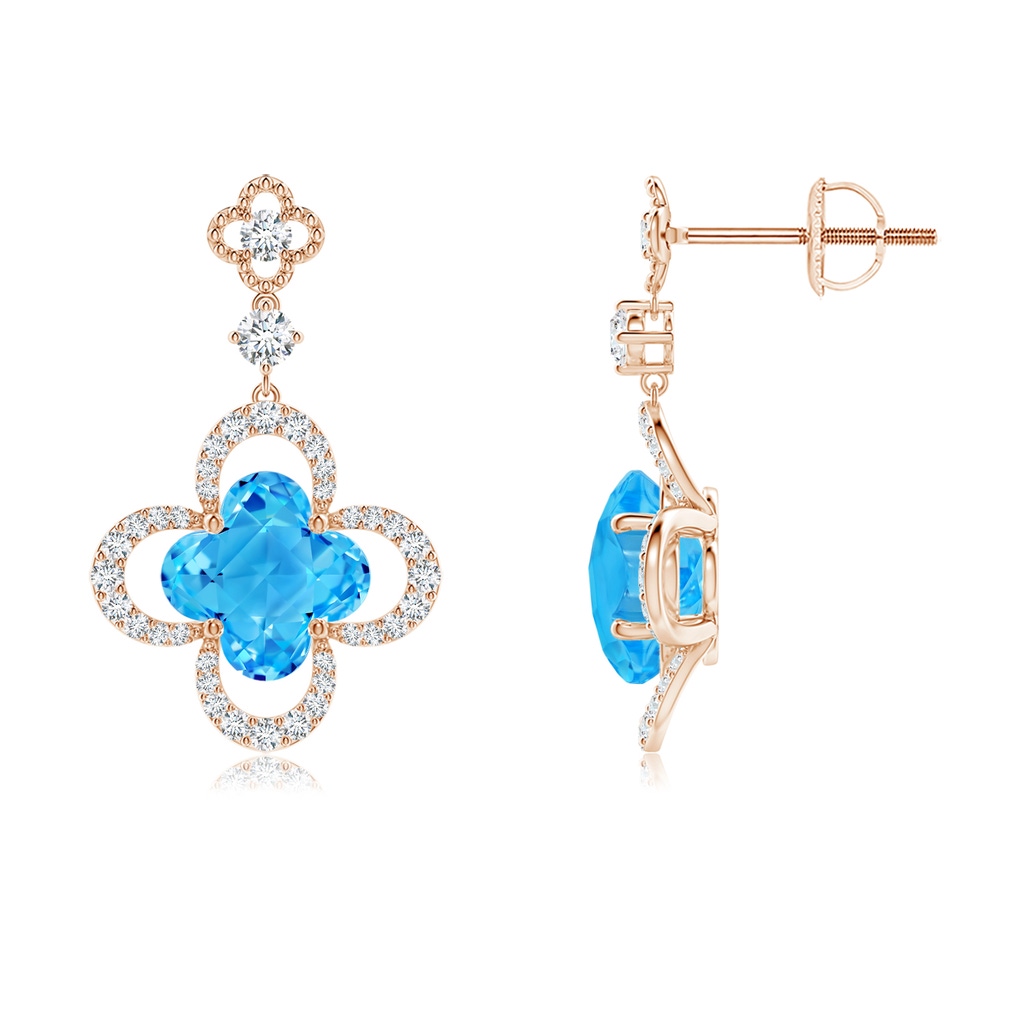 7mm AAAA Clover-Shaped Swiss Blue Topaz Dangle Earrings with Milgrain in Rose Gold