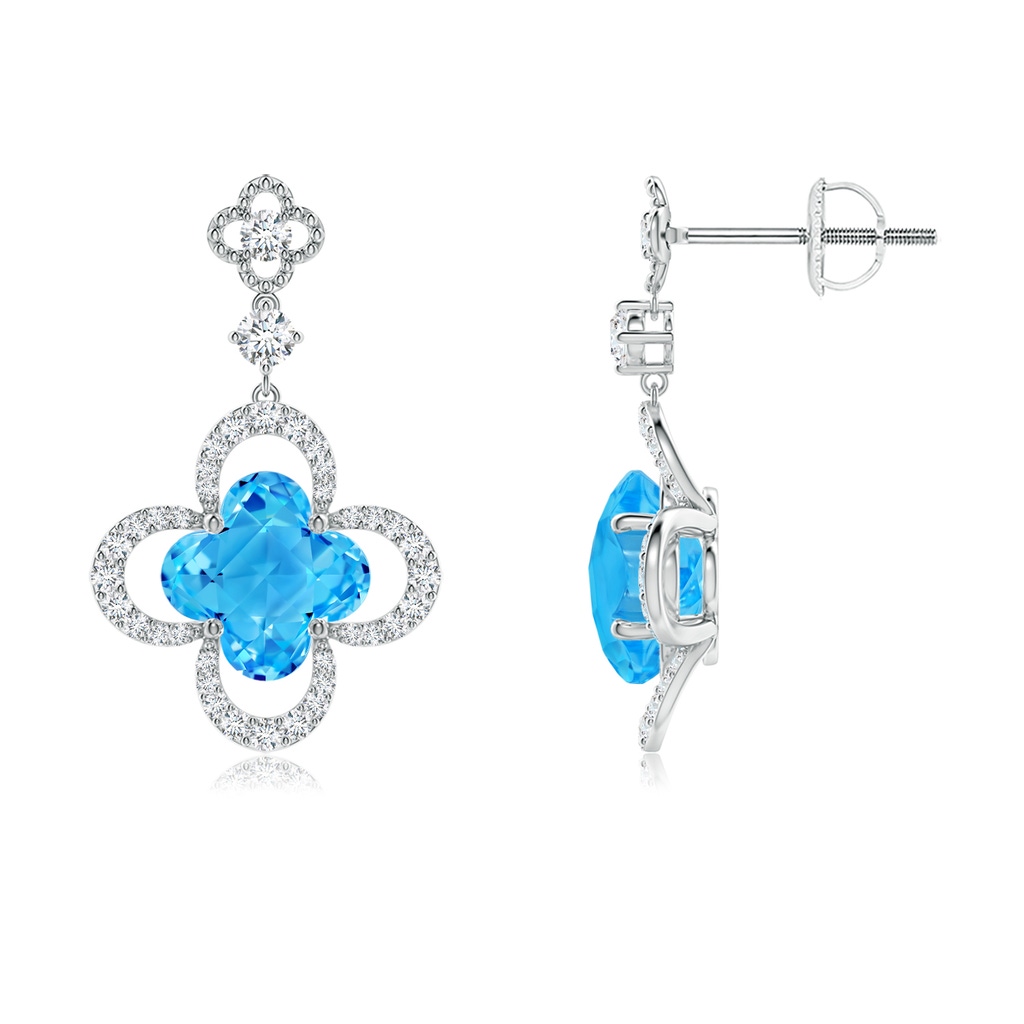 7mm AAAA Clover-Shaped Swiss Blue Topaz Dangle Earrings with Milgrain in White Gold