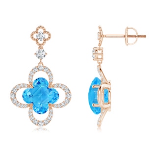 8mm AAAA Clover-Shaped Swiss Blue Topaz Dangle Earrings with Milgrain in Rose Gold