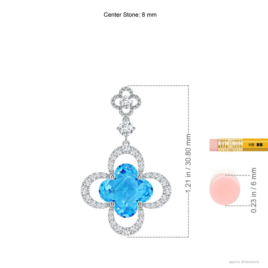 8mm AAAA Clover-Shaped Swiss Blue Topaz Dangle Earrings with Milgrain in White Gold ruler