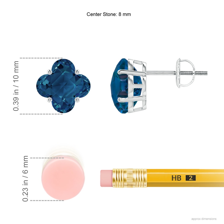 8mm AAAA Clover-Shaped London Blue Topaz Solitaire Studs in White Gold ruler