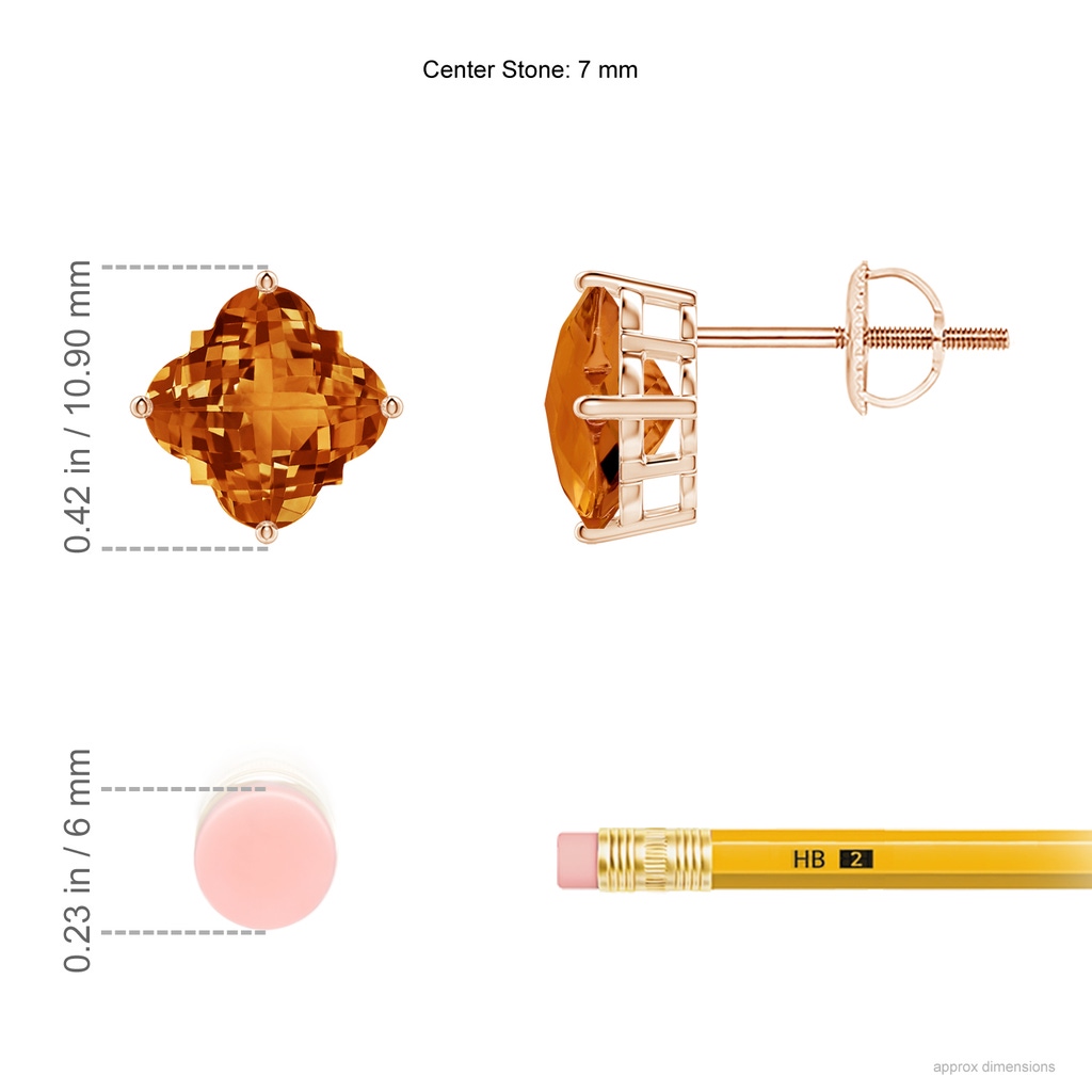 7mm AAAA Clover-Shaped Citrine Stud Earrings in Rose Gold Ruler