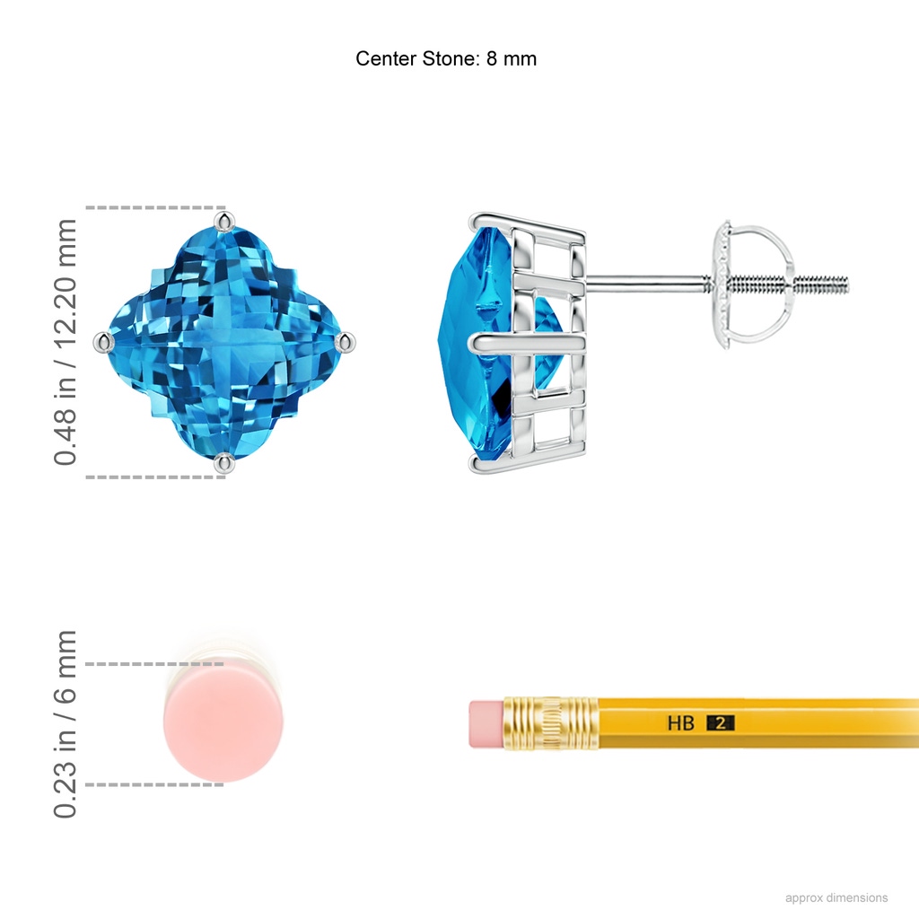 8mm AAAA Clover-Shaped Swiss Blue Topaz Stud Earrings in White Gold Ruler