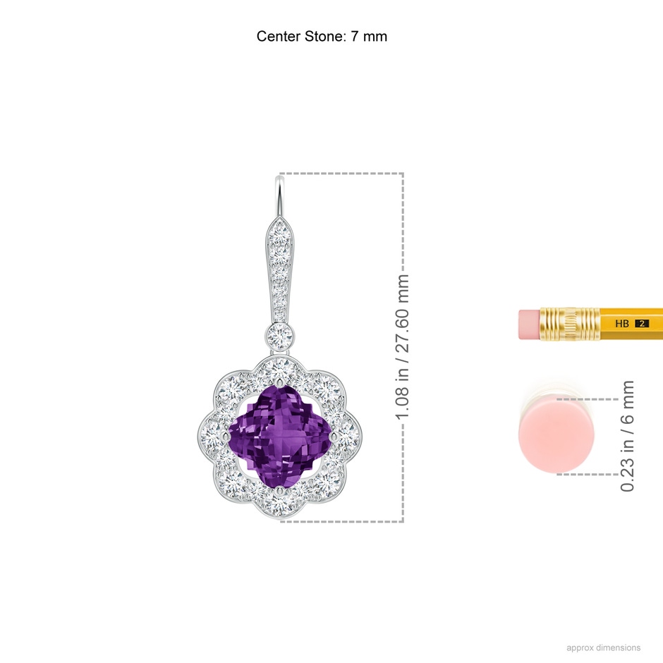 7mm AAAA Clover-Shaped Amethyst Scalloped Halo Drop Earrings in White Gold ruler