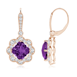 8mm AAAA Clover-Shaped Amethyst Scalloped Halo Drop Earrings in Rose Gold